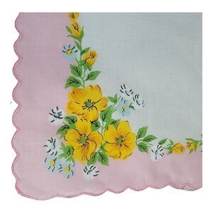VTG Pink Yellow Buttercup Bouquet Boho Floral Handkerchief Scalloped Edges 12”